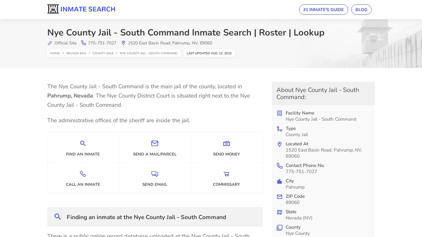 Nye County Jail - South Command Inmate Search | Roster ...